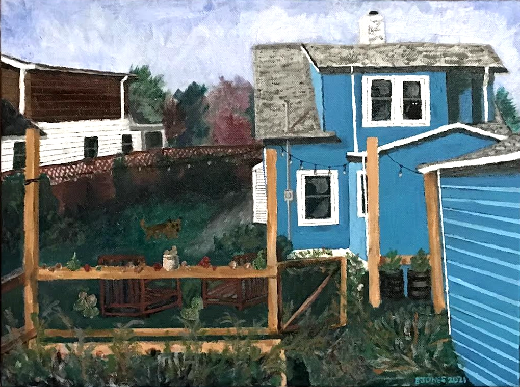 An acrylic painting of a small, peaceful, city backyard in summer.